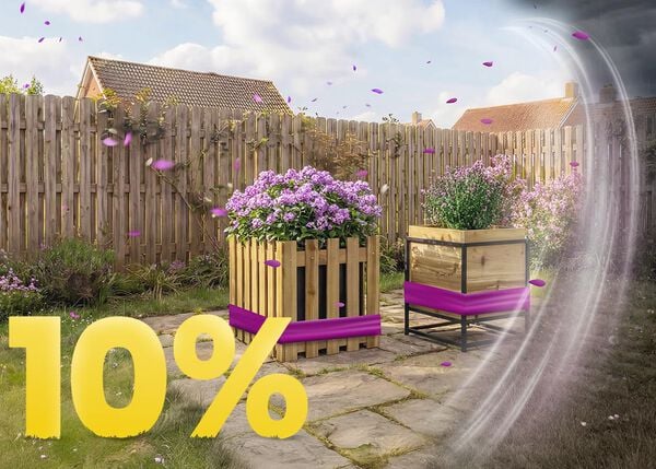 Jardini&egrave;res en bois avec fleurs violettes en pleine floraison sur terrasse ensoleill&eacute;e, avec banni&egrave;re promo printemps 10 %.