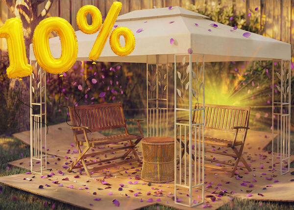 Pavillon de jardin avec deux bancs en bois et une petite table en dessous, entour&eacute; de confettis roses et de ballons dor&eacute;s &laquo; 10 % de r&eacute;duction &raquo;, mettant en avant une offre saisonni&egrave;re sur les pavillons et tonnelles de jardin.