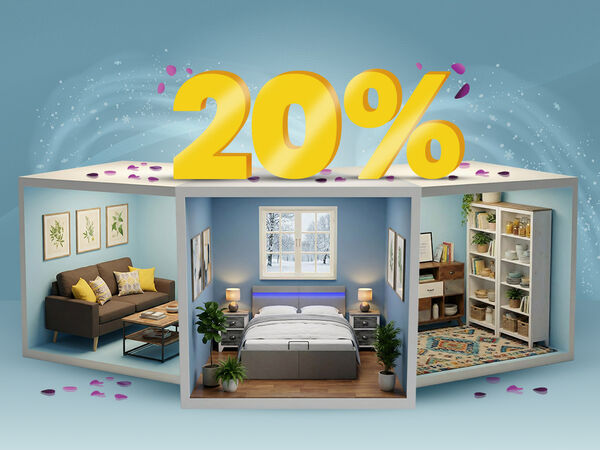 Banni&egrave;re publicitaire affichant une remise de &laquo; 20 % &raquo; en grands chiffres jaunes en 3D au-dessus de trois miniatures de pi&egrave;ces (salon, chambre et espace de rangement) avec des meubles modernes. Cliquez pour voir les produits de la collection.