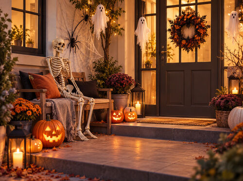 Porche d&eacute;cor&eacute; pour Halloween avec citrouilles lumineuses, squelette sur un banc, fant&ocirc;mes suspendus, toiles d&rsquo;araign&eacute;e et lumi&egrave;res festives chaleureuses.