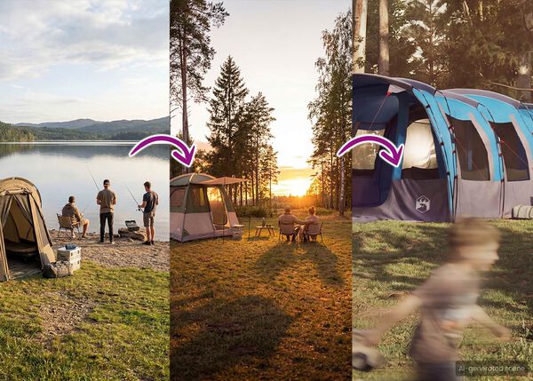 Banni&egrave;re divis&eacute;e montrant une progression des exp&eacute;riences de camping. &Agrave; gauche, trois personnes p&ecirc;chent et se d&eacute;tendent pr&egrave;s d&rsquo;une petite tente au bord d&rsquo;un lac au coucher du soleil. Au centre, deux personnes sont assises &agrave; une table avec une tente plus grande bleue et grise derri&egrave;re elles, &eacute;galement au coucher du soleil. &Agrave; droite, on voit une vue floue d&rsquo;une structure plus grande semblable &agrave; une tente. Des fl&egrave;ches indiquent une transition entre les sc&egrave;nes, sugg&eacute;rant une am&eacute;lioration des loisirs de plein air.