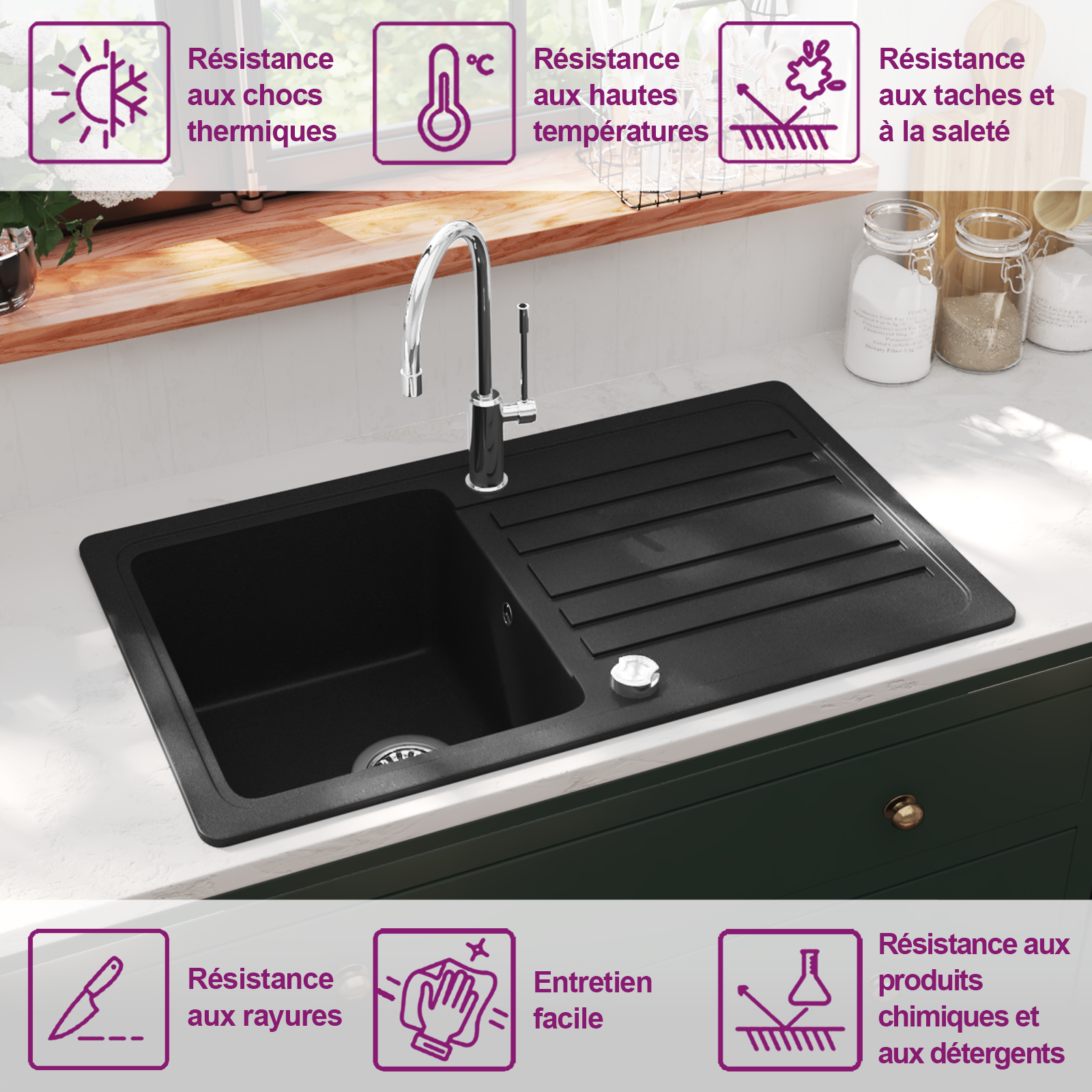 Évier De Cuisine En Granit 50,5 Cm – Bergstroem – Réversible Avec égouttoir – Gris 505