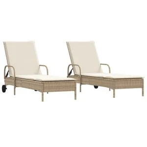 vidaXL Chaises longues avec coussins lot de 2 beige r&eacute;sine tress&eacute;e