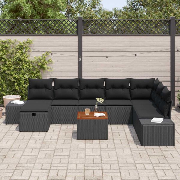 vidaXL Ensemble de canap&eacute; de jardin avec coussin 9 pcs Noir Poly rotin