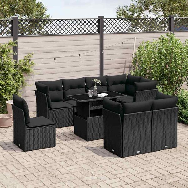 vidaXL Salon de jardin 9 pcs avec coussins noir r&eacute;sine tress&eacute;e