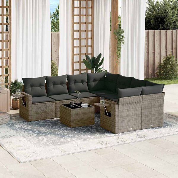vidaXL Salon de jardin 9 pcs avec coussins gris r&eacute;sine tress&eacute;e