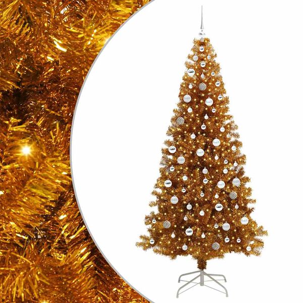vidaXL Sapin de No&euml;l avec 300 LED avec support Dor&eacute; 210 cm PET