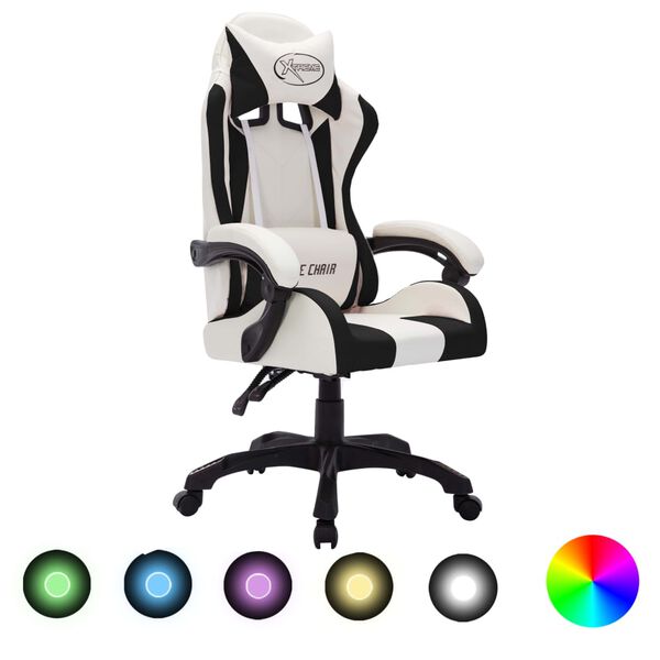 vidaXL Fauteuil de jeux vidéo avec LED RVB Blanc et noir Similicuir