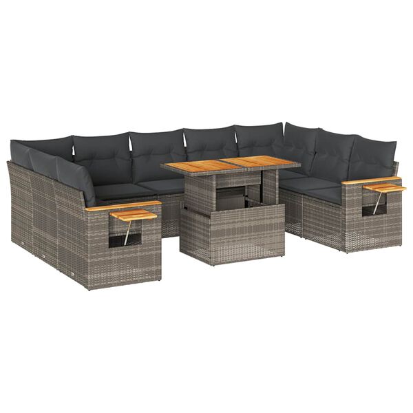 vidaXL Salon de jardin avec coussins 10 pcs gris r&eacute;sine tress&eacute;e acacia