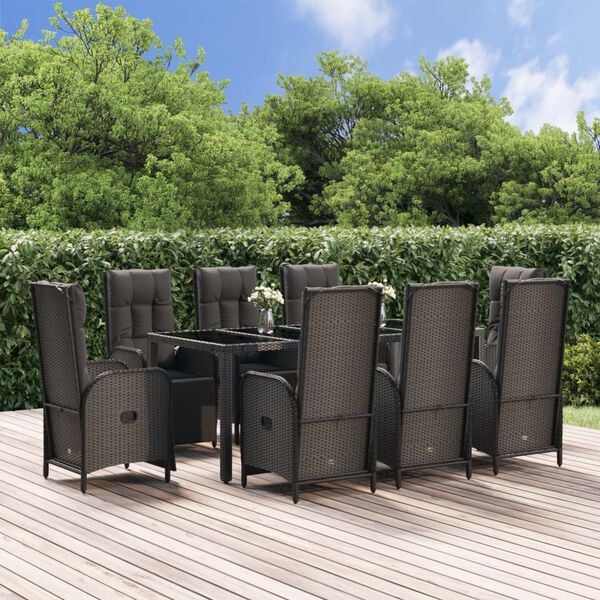 vidaXL Ensemble &agrave; manger jardin 9pcs et coussins noir r&eacute;sine tress&eacute;e