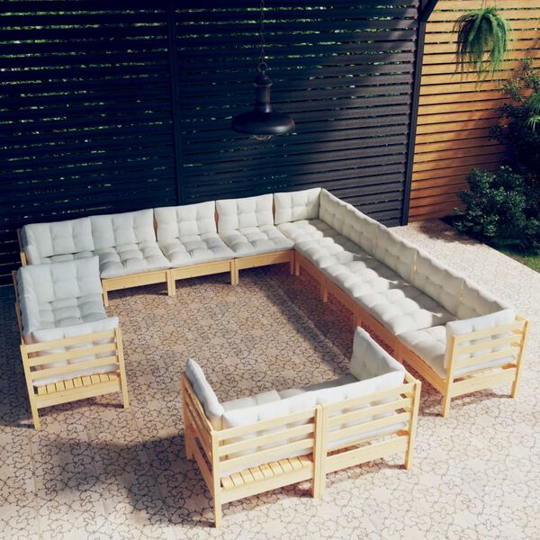 vidaXL Salon de jardin 13 pcs avec coussins cr&egrave;me Bois de pin solide