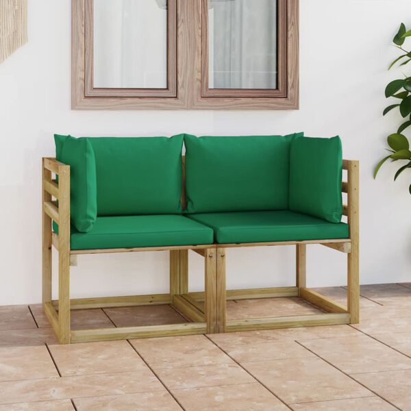 vidaXL Canap&eacute;s d'angle de jardin 2pcs et coussins Pin impr&eacute;gn&eacute; de vert