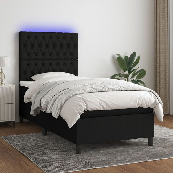 vidaXL Sommier &agrave; lattes de lit et matelas et LED Noir 100x200 cm Tissu