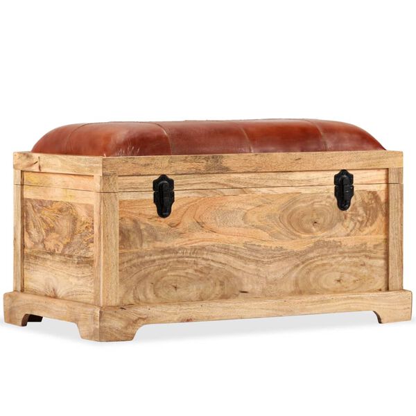 vidaXL Banc de rangement Cuir v&eacute;ritable Bois de manguier 80x44x44 cm