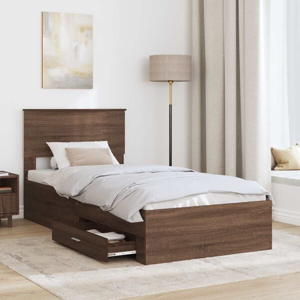 vidaXL Cadre de lit avec tiroir Ch&ecirc;ne Marron et Argent 100 x 200 cm