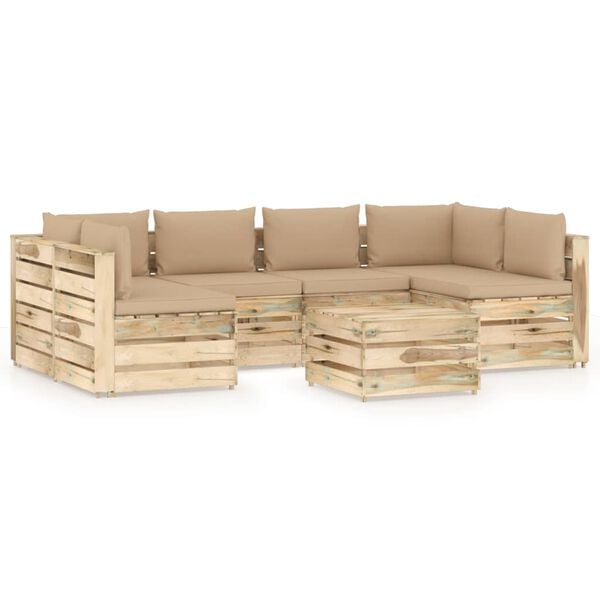 vidaXL Salon de jardin 7 pcs avec coussins Bois impr&eacute;gn&eacute; de vert