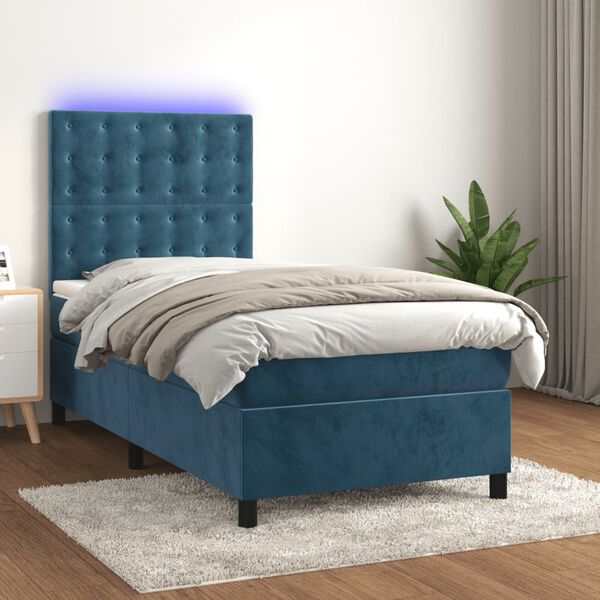 vidaXL Sommier &agrave; lattes de lit et matelas et LED Bleu fonc&eacute; 90x200 cm