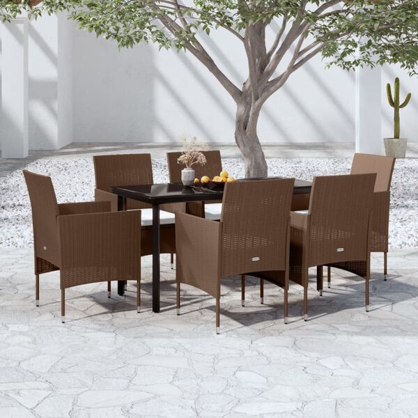 vidaXL Ensemble &agrave; manger de jardin coussins 7 pcs Marron/noir