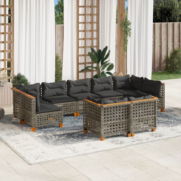 vidaXL Salon de jardin 9 pcs avec coussins gris résine tressée