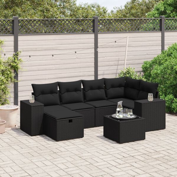 vidaXL Salon de jardin 7 pcs avec coussins noir r&eacute;sine tress&eacute;e