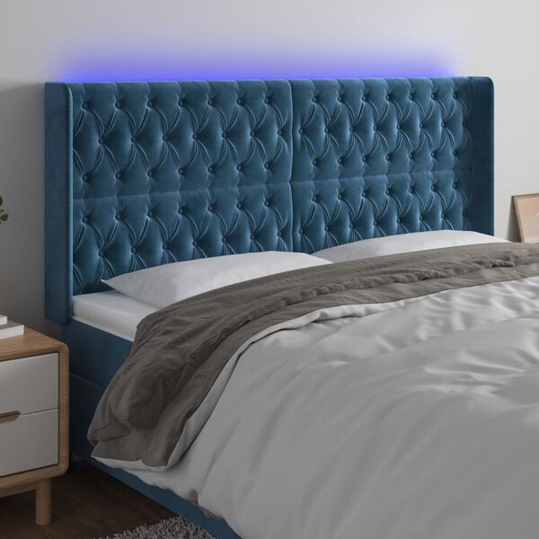 vidaXL T&ecirc;te de lit &agrave; LED Bleu fonc&eacute; 183x16x118/128 cm Velours