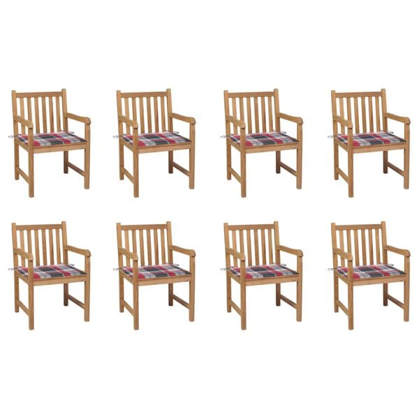vidaXL Chaises de jardin lot de 8 et coussins carreaux rouge Bois teck