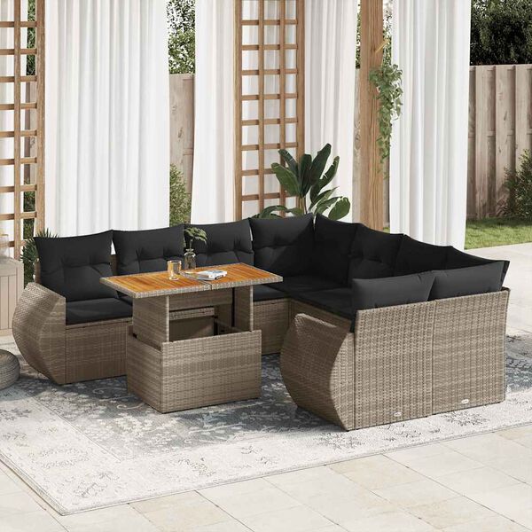 vidaXL Salon de jardin 9 pcs avec coussins gris r&eacute;sine tress&eacute;e