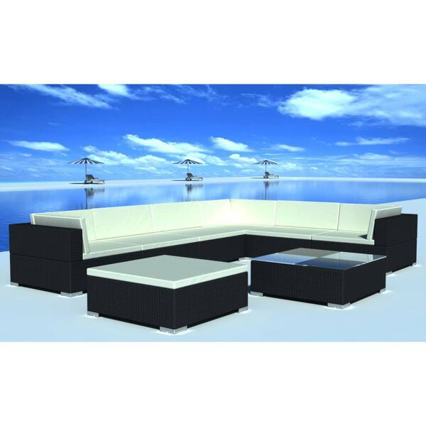 vidaXL Salon de jardin 8 pcs avec coussins r&eacute;sine tress&eacute;e noir