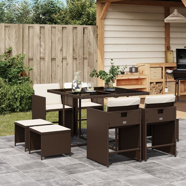 vidaXL Ensemble &agrave; manger de jardin et coussins 9 pcs marron poly rotin
