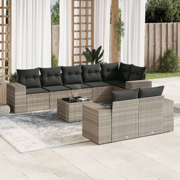 vidaXL Salon de jardin 9 pcs avec coussins gris clair résine tressée