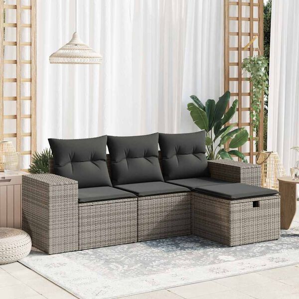 vidaXL Salon de jardin 4 pcs avec coussins gris r&eacute;sine tress&eacute;e