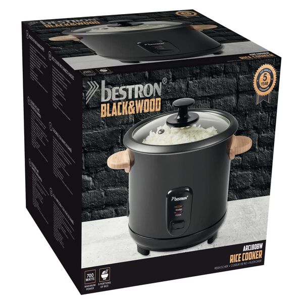 Bestron Cuiseur &agrave; riz avec poign&eacute;es en bambou ARC180BW 1,8 L 700W Noir