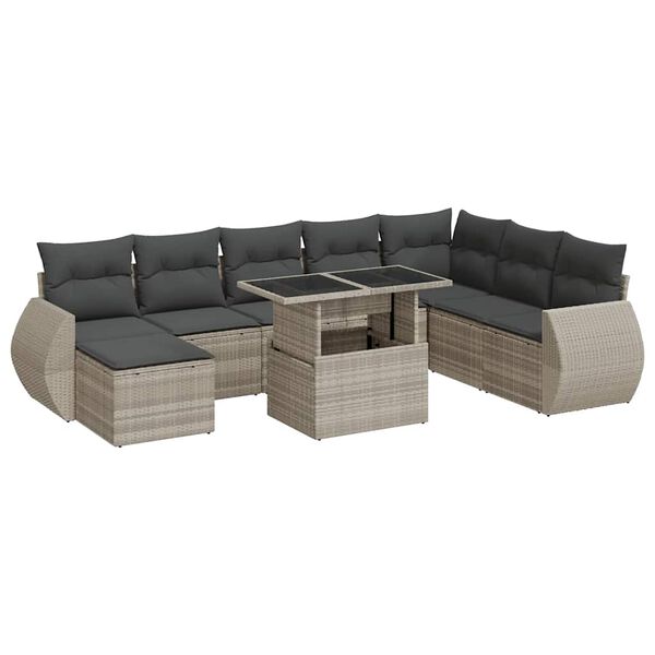 vidaXL Salon de jardin 9 pcs avec coussins gris clair r&eacute;sine tress&eacute;e