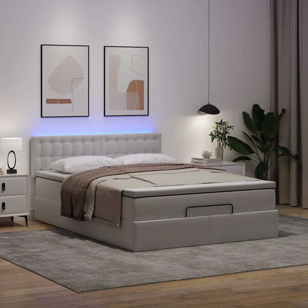 vidaXL Lit ottoman avec matelas & LED blanc pur 140x190cm similicuir