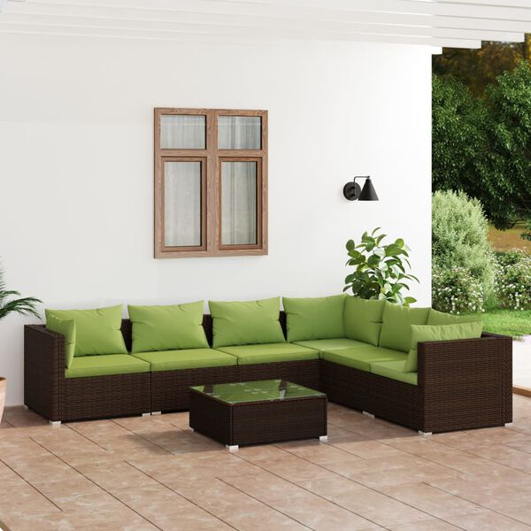 vidaXL Salon de jardin 7 pcs avec coussins R&eacute;sine tress&eacute;e Marron
