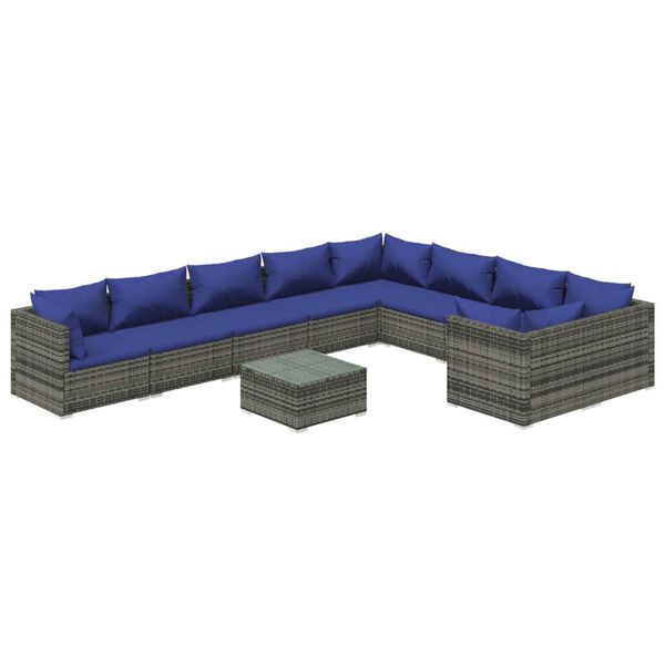 vidaXL Salon de jardin 10 pcs avec coussins R&eacute;sine tress&eacute;e Gris