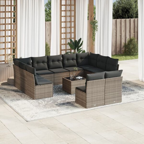 vidaXL Salon de jardin avec coussins 12 pcs gris r&eacute;sine tress&eacute;e