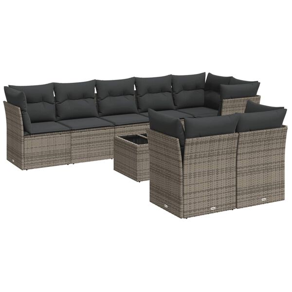 vidaXL Salon de jardin 9 pcs avec coussins gris résine tressée