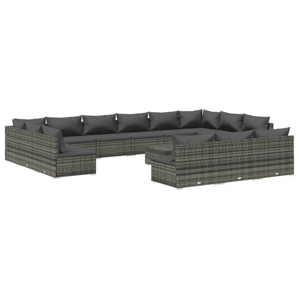 vidaXL Salon de jardin 14 pcs avec coussins Gris R&eacute;sine tress&eacute;e