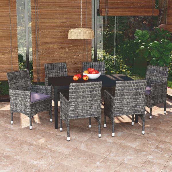 vidaXL Ensemble &agrave; manger de jardin coussins 7pcs R&eacute;sine tress&eacute;e Gris