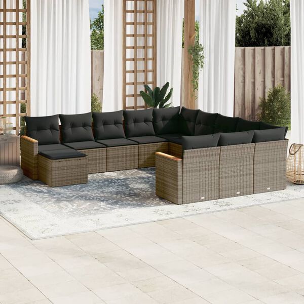 vidaXL Salon de jardin avec coussins 12 pcs gris r&eacute;sine tress&eacute;e