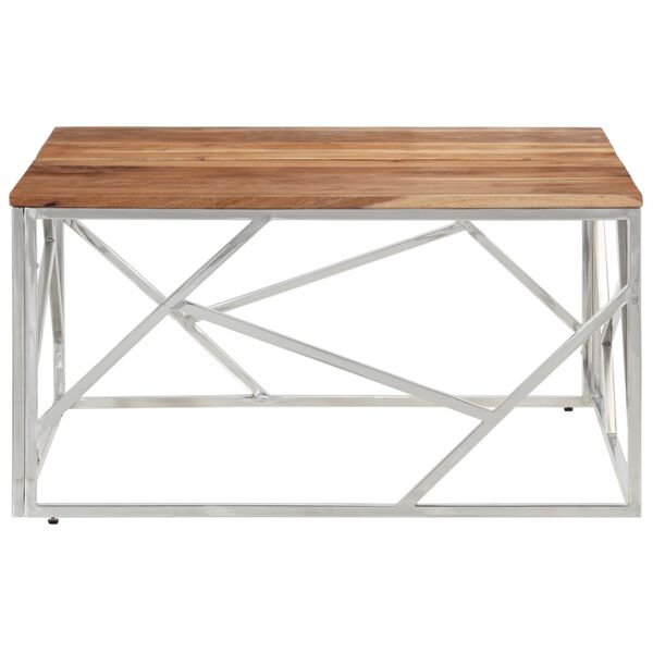 vidaXL Table basse argent&eacute; acier inoxydable et bois massif d'acacia