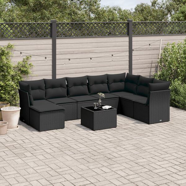 vidaXL Salon de jardin 9 pcs avec coussins noir r&eacute;sine tress&eacute;e