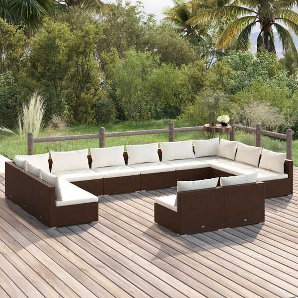 vidaXL Salon de jardin 12 pcs avec coussins Marron Résine tressée