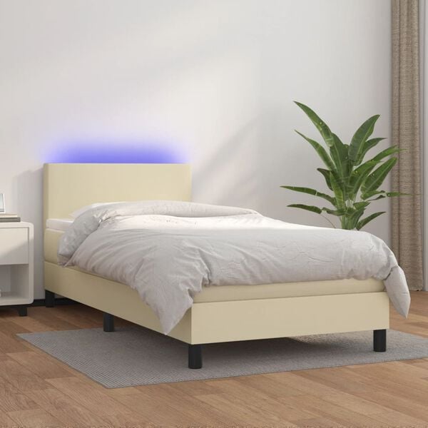 vidaXL Sommier &agrave; lattes de lit avec matelas et LED Cr&egrave;me 90x190cm