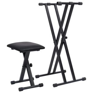 vidaXL Kit de support de clavier &agrave; empattement double et tabouret Noir