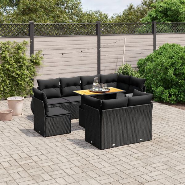 vidaXL Salon de jardin 9 pcs avec coussins noir résine tressée