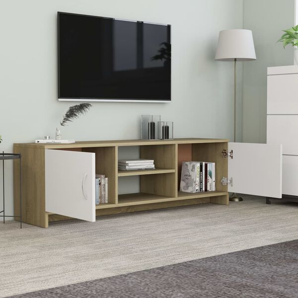 vidaXL Meuble TV Blanc et ch&ecirc;ne sonoma 120x30x37,5cm Bois d&rsquo;ing&eacute;nierie