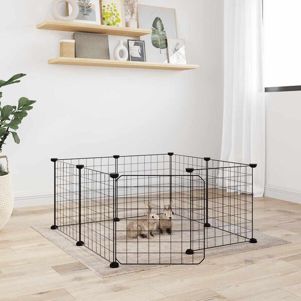 vidaXL Cage pour animaux de compagnie &agrave; 8 panneaux avec porte, noire, 35 x 35 cm, acier