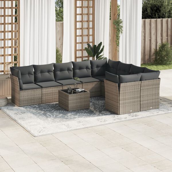vidaXL Salon de jardin avec coussins 10 pcs gris r&eacute;sine tress&eacute;e